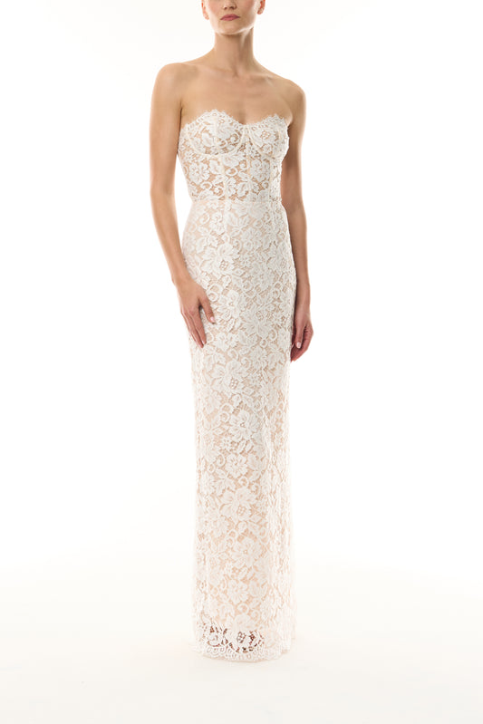 Monique Lhuillier Fall 2026  Silk White Peony Lace strapless column gown - front.