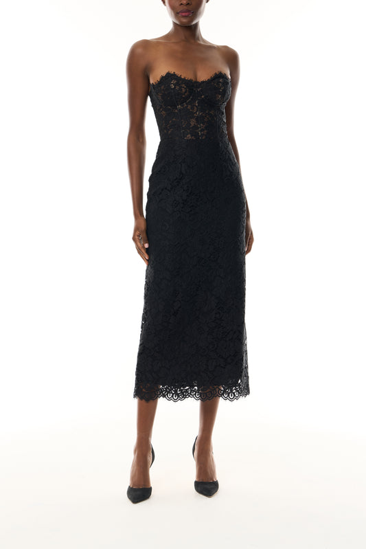 Monique Lhuillier Fall 2026 Strapless Midi Cocktail Dress in Noir Peony lace - front.
