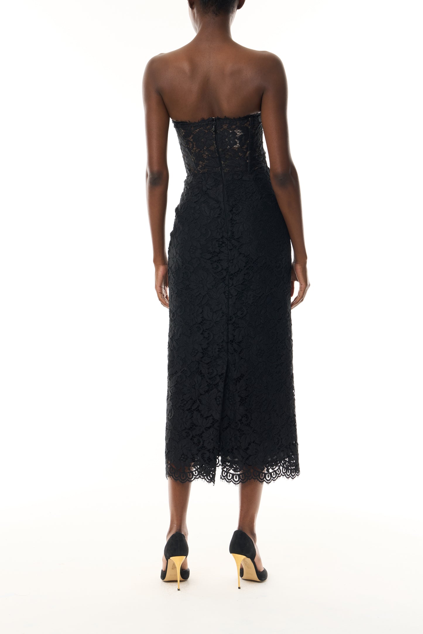 Monique Lhuillier Fall 2026 Strapless Midi Cocktail Dress in Noir Peony lace - back.