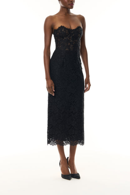 Monique Lhuillier Fall 2026 Strapless Midi Cocktail Dress in Noir Peony lace - side.