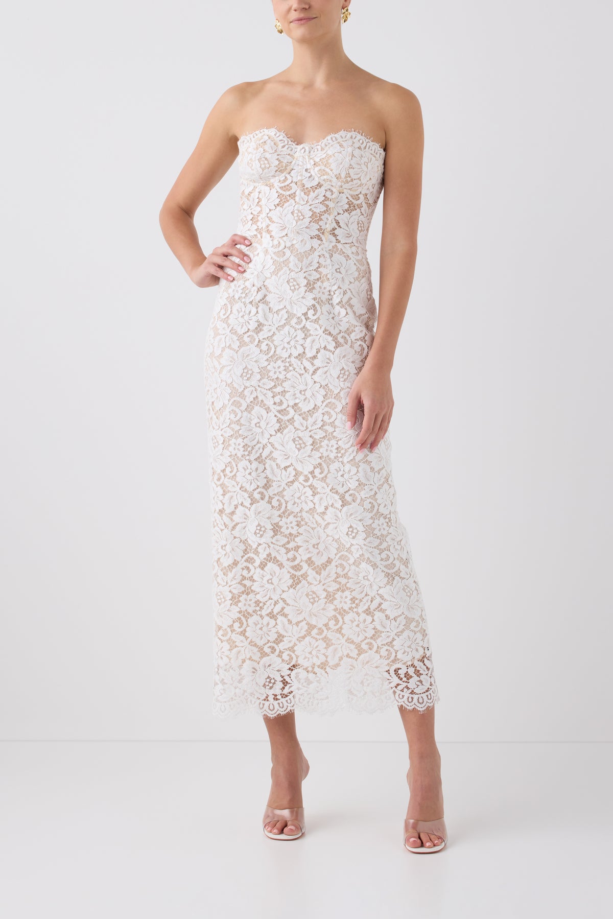 Monique Lhuillier Fall 2026 Silk White lace corseted strapless cocktail dress - front.