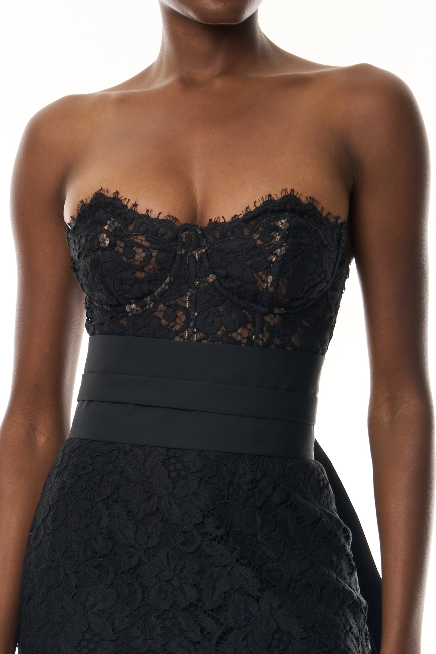 Monique Lhuillier Fall 2026 Strapless Midi Cocktail Dress in Noir Peony lace with Noir Silk Faille sash and train - fabric. 