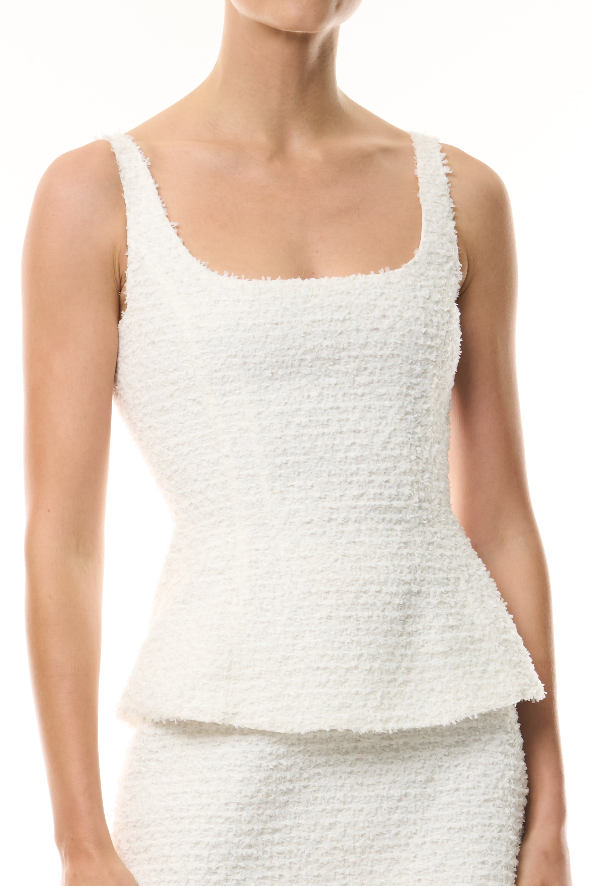 Monique Lhuillier Fall 2026 Sleeveless Peplum Mini Dress in Silk White Clip Jacquard - fabric.