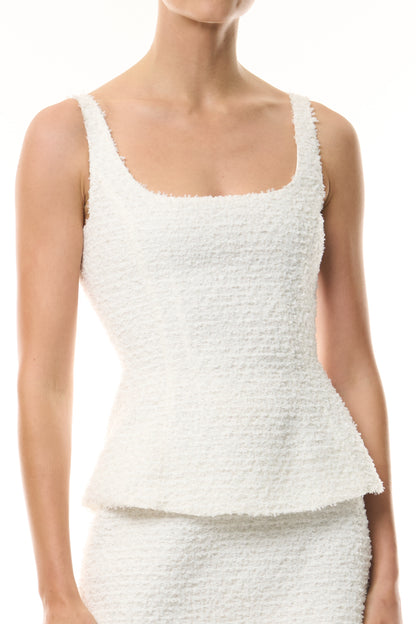 Monique Lhuillier Fall 2026 Sleeveless Peplum Mini Dress in Silk White Clip Jacquard - fabric.