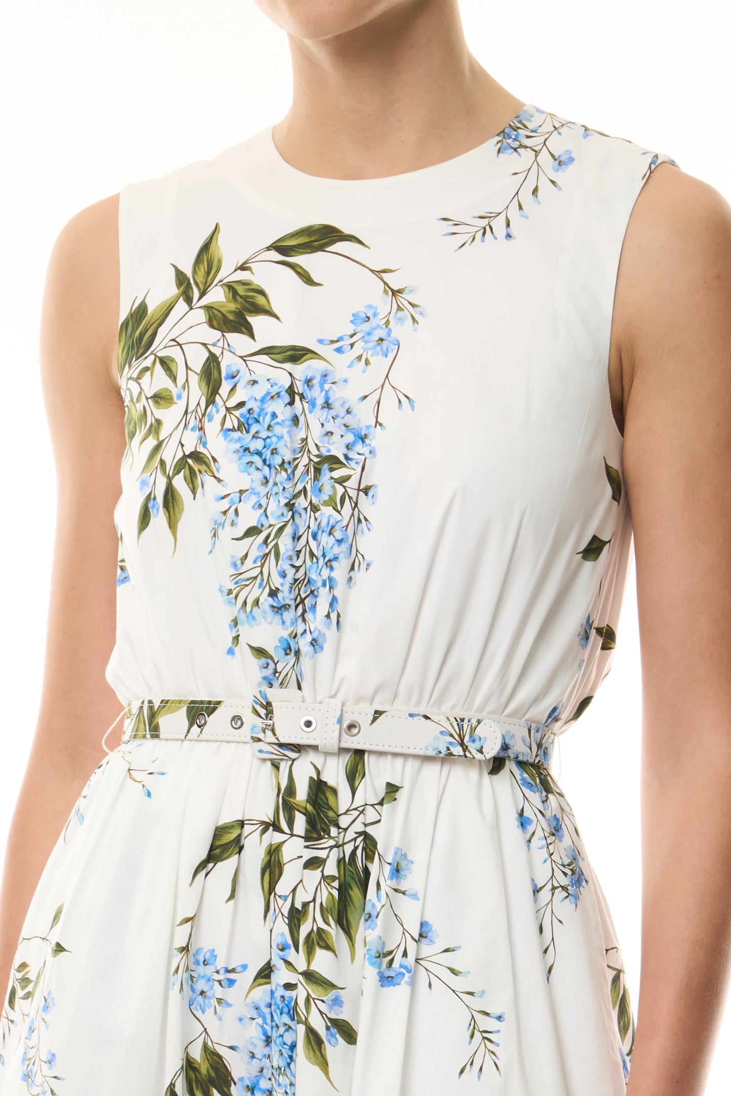 Monique Lhuillier Fall 2026 White/Multi Wisteria Printed Stretch Cotton Poplin day dress with belt and pockets - fabric.