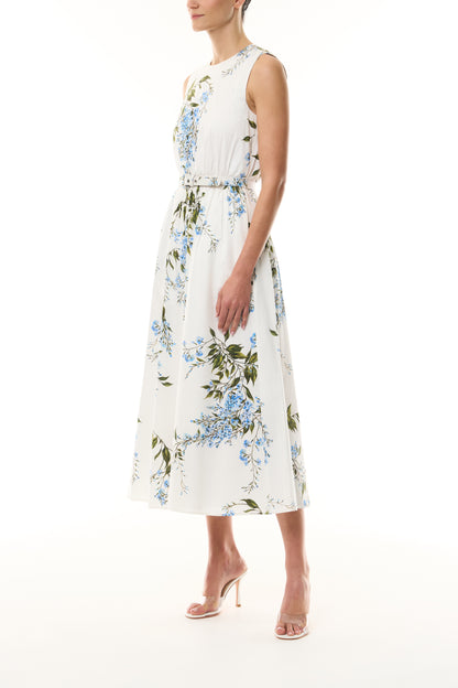Monique Lhuillier Fall 2026 White/Multi Wisteria Printed Stretch Cotton Poplin day dress with belt and pockets - side.