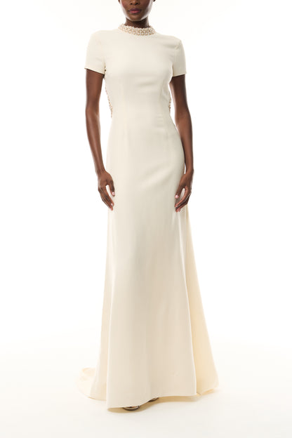 Monique Lhuillier Fall 2026 Ivory Silk Wool Suiting Pearl Trimmed Open Back Gown - front. 