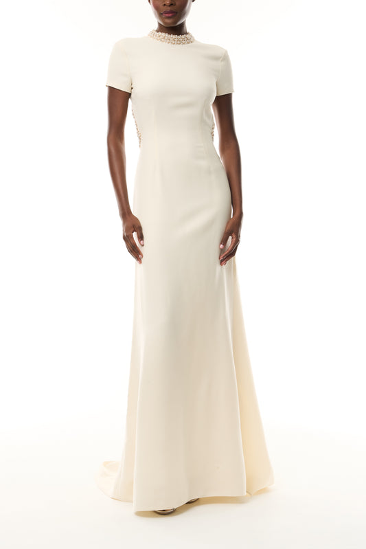 Monique Lhuillier Fall 2026 Ivory Silk Wool Suiting Pearl Trimmed Open Back Gown - front. 