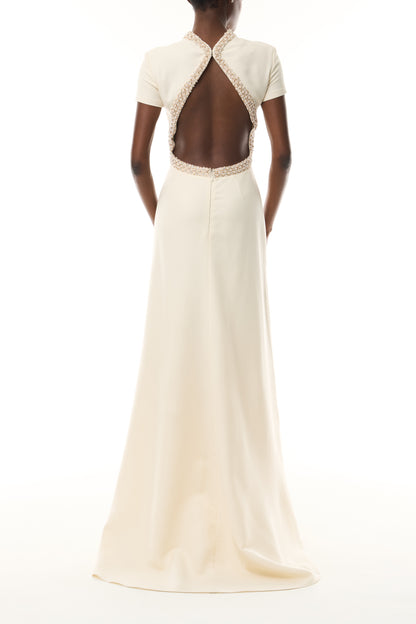 Monique Lhuillier Fall 2026 Ivory Silk Wool Suiting Pearl Trimmed Open Back Gown - back.