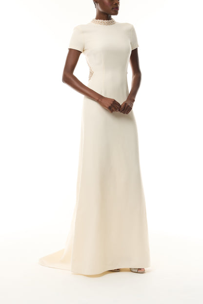 Monique Lhuillier Fall 2026 Ivory Silk Wool Suiting Pearl Trimmed Open Back Gown - front. 