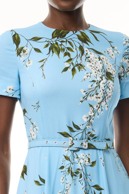 Monique Lhuillier Fall 2026 Short Sleeve Belted Dress in Horizon Blue Wisteria Printed Crepe - fabric.