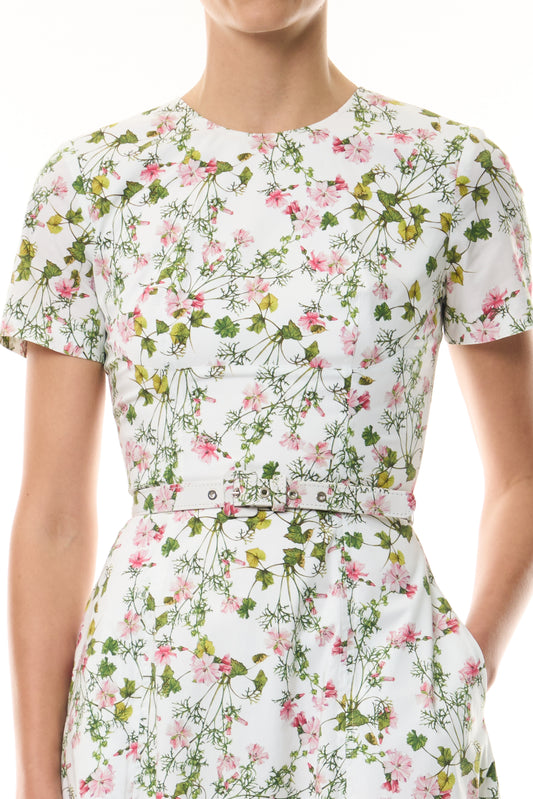 Monique Lhuillier Fall 2026 Short Sleeve Floral Day Dress in Silk White/Multi Ivy Bloom Printed Stretch Cotton Poplin with jewel neckline, belt, pockets and a-line skirt - fabric.