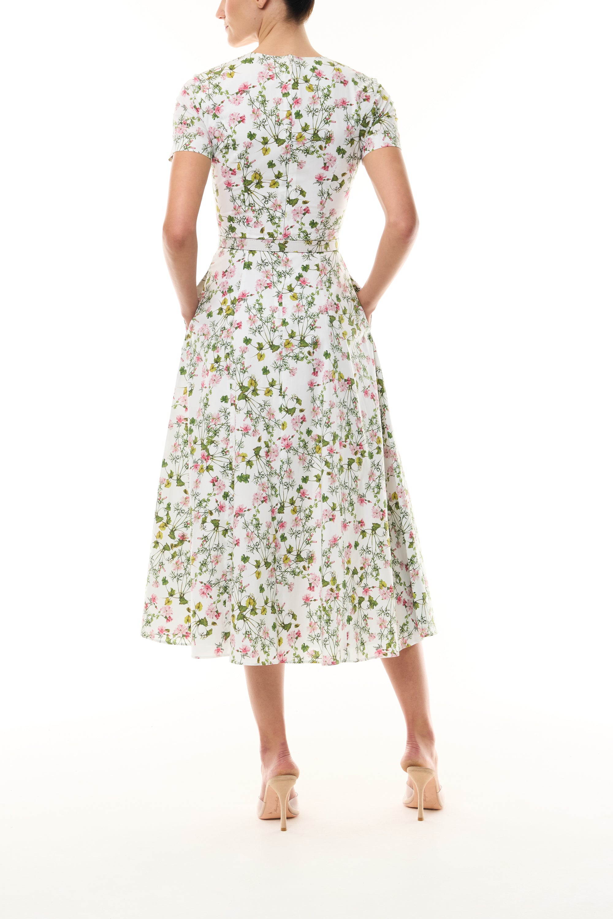 Monique Lhuillier Fall 2026 Short Sleeve Floral Day Dress in Silk White/Multi Ivy Bloom Printed Stretch Cotton Poplin with jewel neckline, belt, pockets and a-line skirt - back.