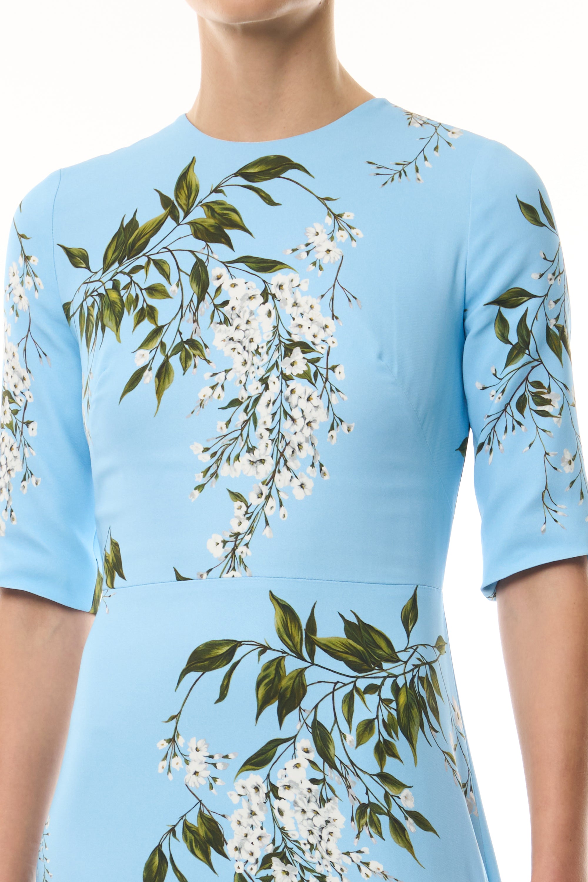 Monique Lhuillier Fall 2026 Horizon Blue Multi Wisteria Printed Crepe Short sleeve gown  - fabric.