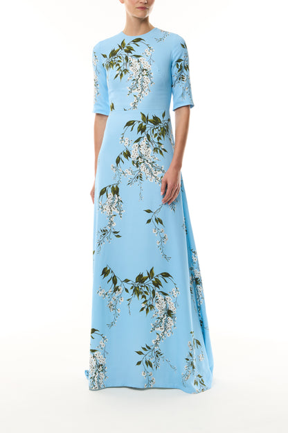 Monique Lhuillier Fall 2026 Horizon Blue Multi Wisteria Printed Crepe Short sleeve gown  - front.