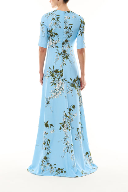 Monique Lhuillier Fall 2026 Horizon Blue Multi Wisteria Printed Crepe Short sleeve gown  - back.