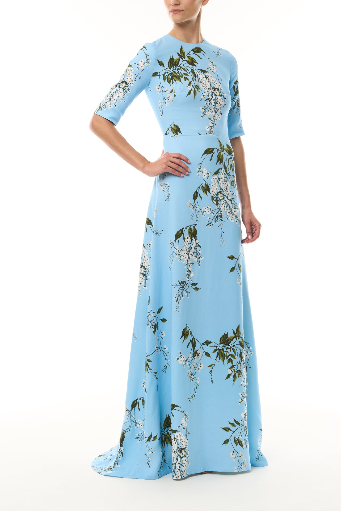 Monique Lhuillier Fall 2026 Horizon Blue Multi Wisteria Printed Crepe Short sleeve gown  - side.