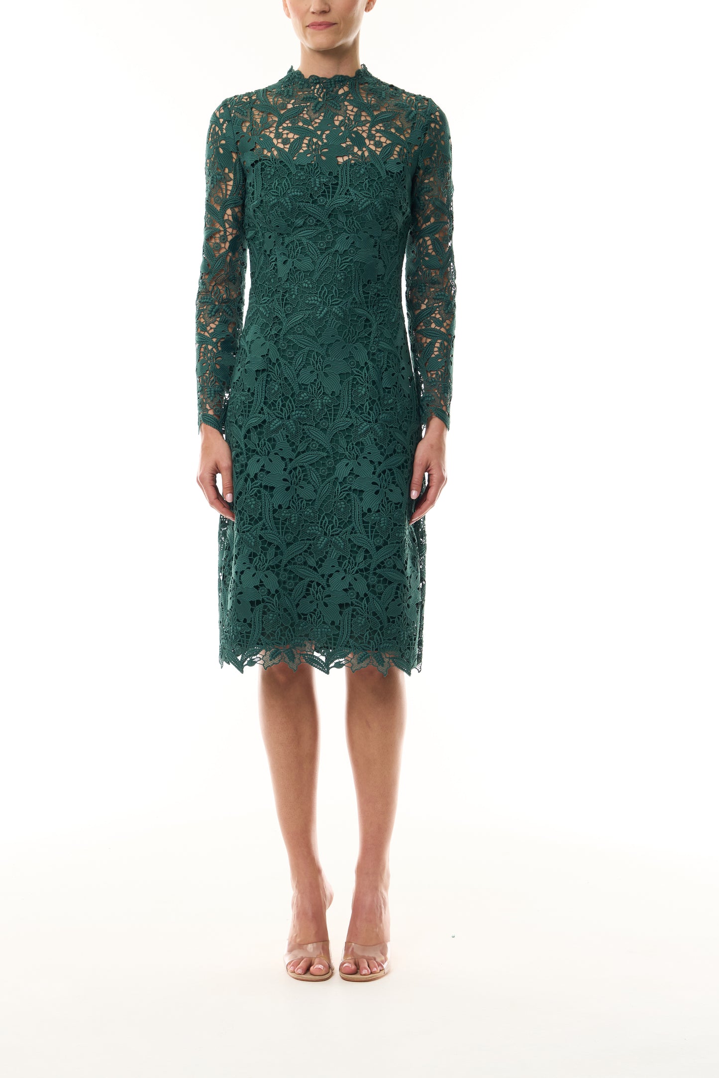 Monique Lhuillier Fall 2026 Sycamore guipure lace long sleeve high neck knee-length gown - front.