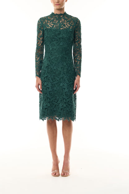 Monique Lhuillier Fall 2026 Sycamore guipure lace long sleeve high neck knee-length gown - front.
