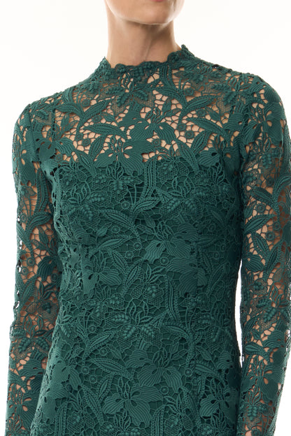 Monique Lhuillier Fall 2026 Sycamore guipure lace long sleeve high neck knee-length gown - fabric.