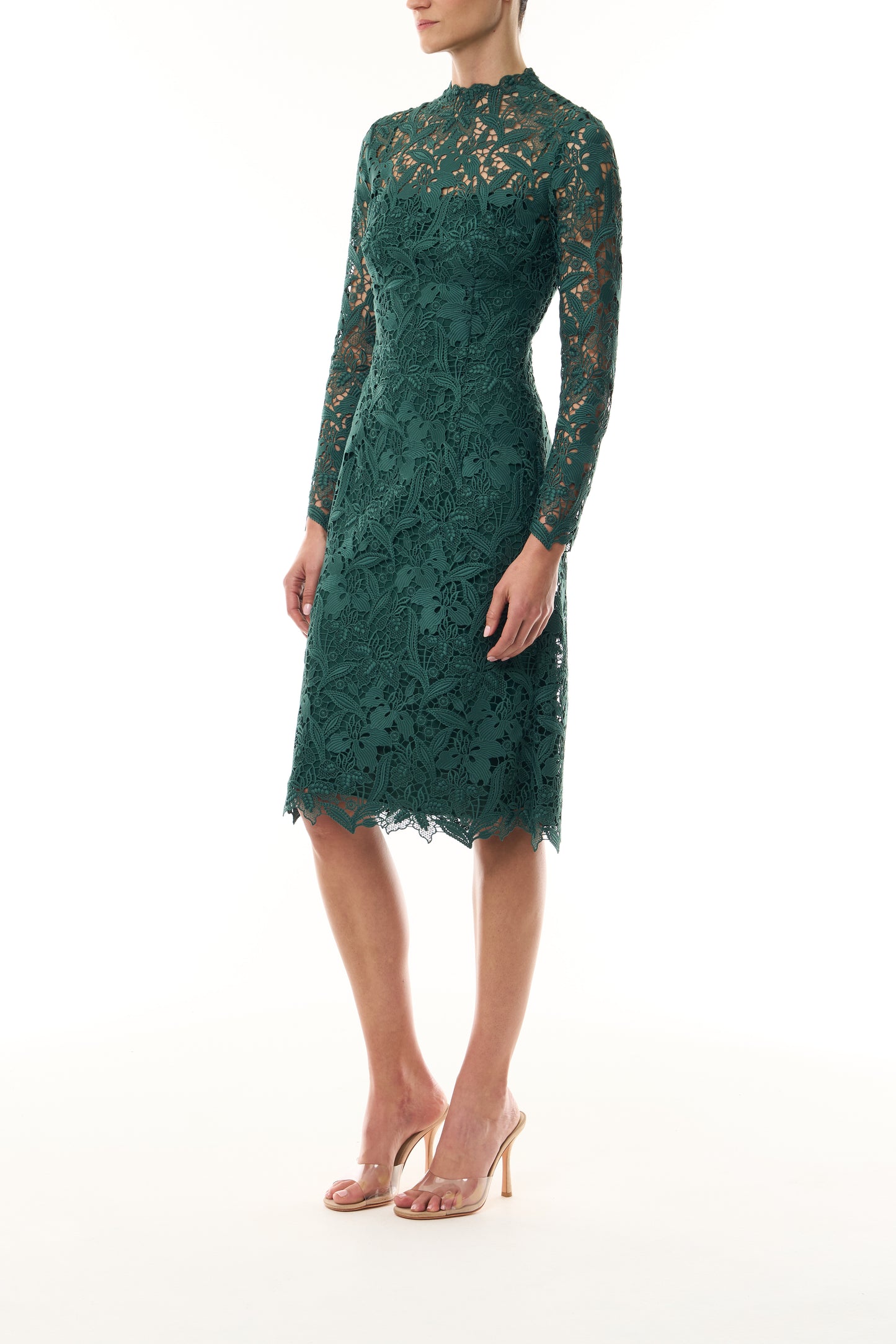 Monique Lhuillier Fall 2026 Sycamore guipure lace long sleeve high neck knee-length gown - side.