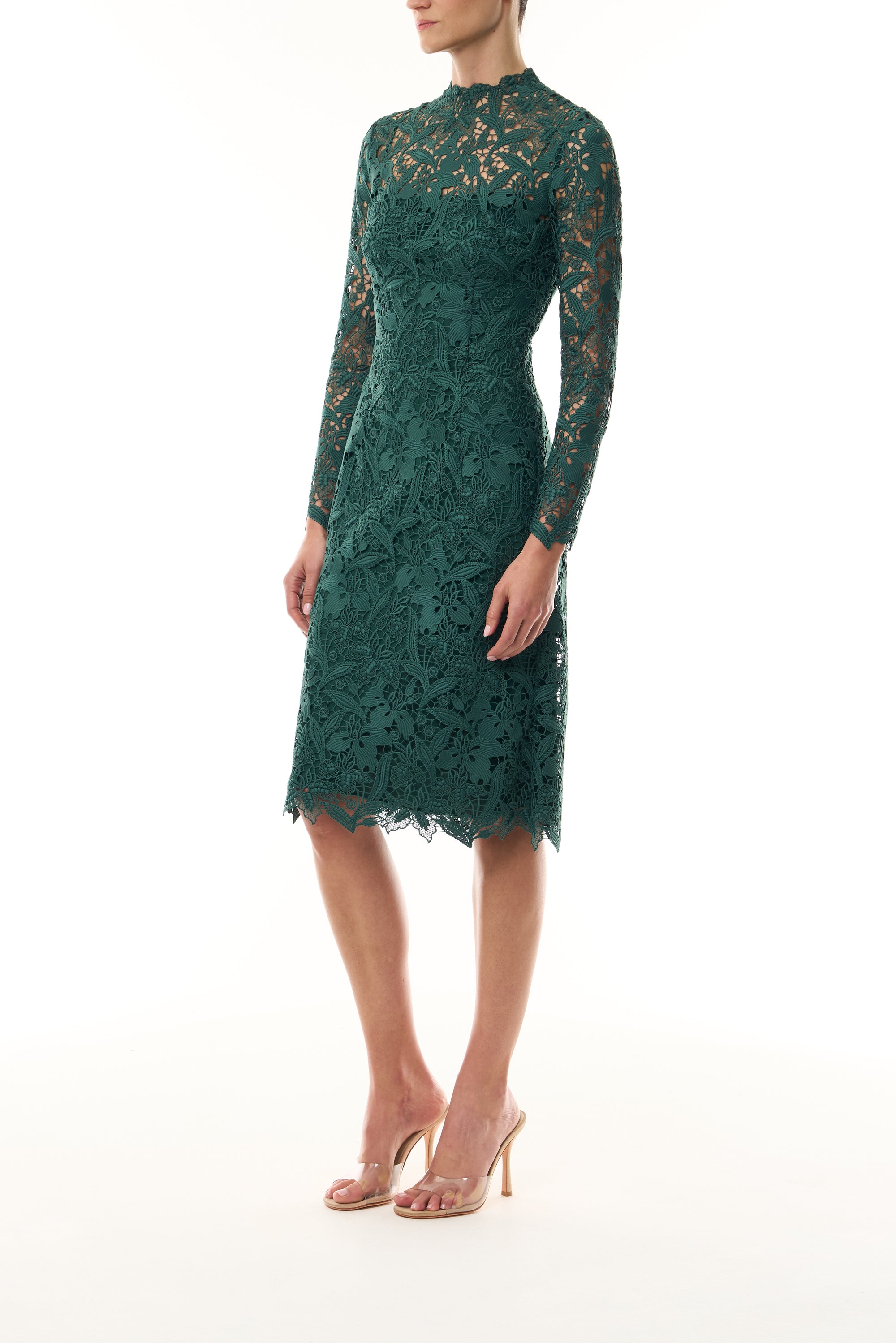 Monique Lhuillier Fall 2026 Sycamore guipure lace long sleeve high neck knee-length gown - side.