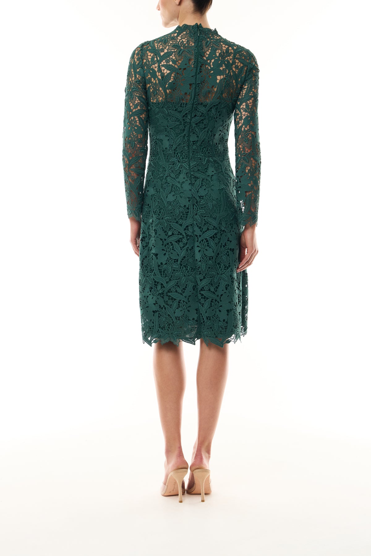 Monique Lhuillier Fall 2026 Sycamore guipure lace long sleeve high neck knee-length gown - back.
