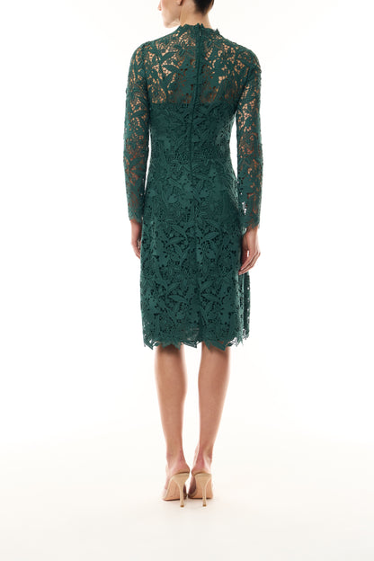Monique Lhuillier Fall 2026 Sycamore guipure lace long sleeve high neck knee-length gown - back.