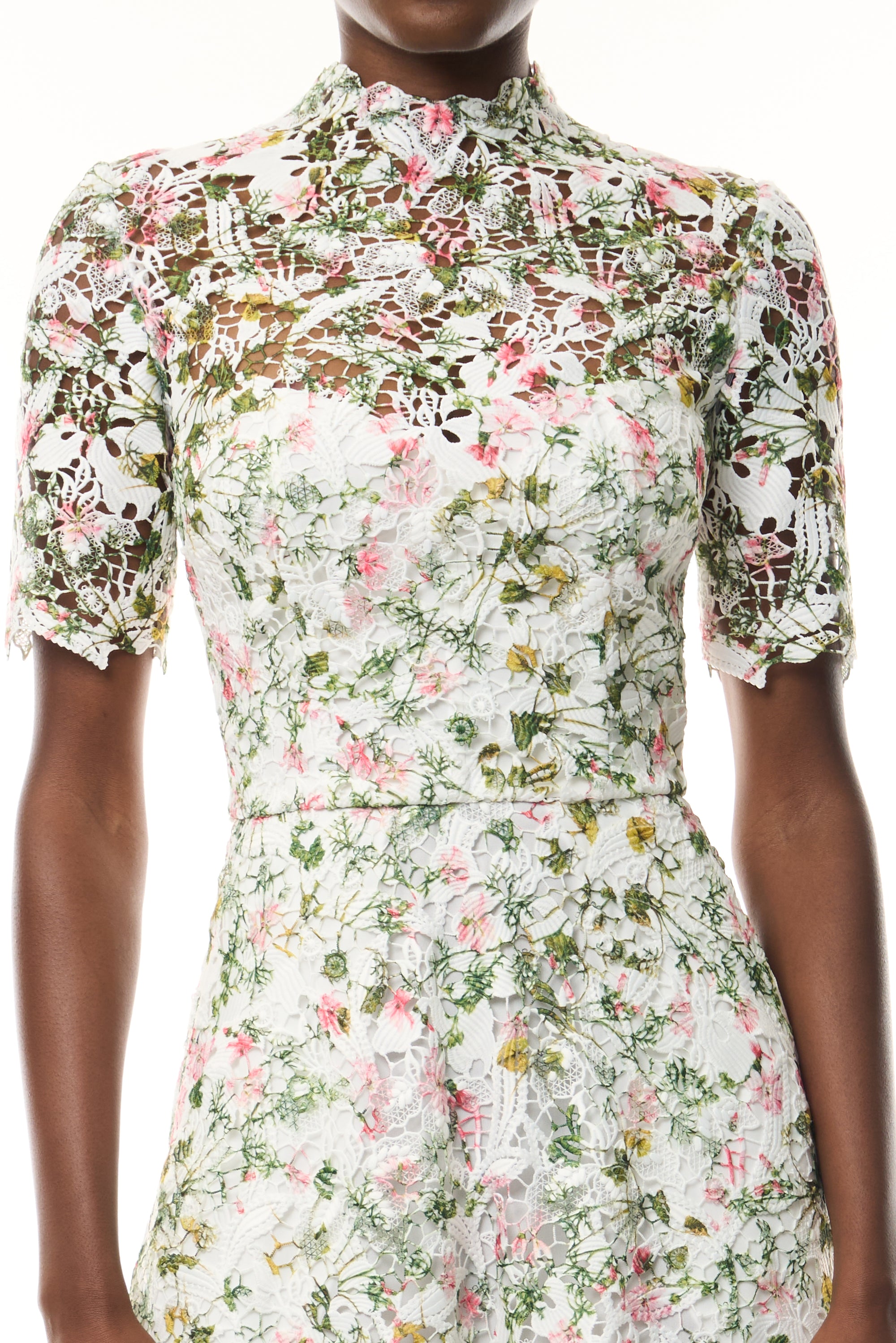 Monique Lhuillier Fall 2026 Short Sleeve Lace Dress in Silk White Multi Ivy Bloom Printed Lace - fabric.