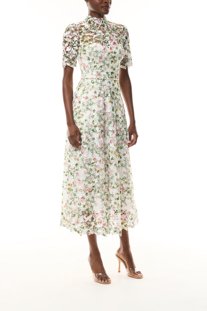 Monique Lhuillier Fall 2026 Short Sleeve Lace Dress in Silk White Multi Ivy Bloom Printed Lace - side. 