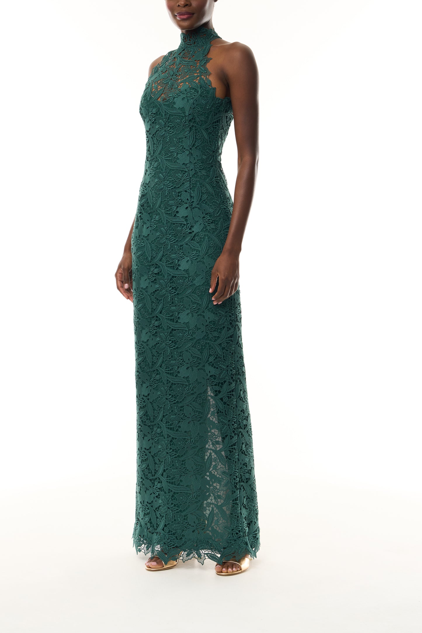 Monique Lhuillier Fall 2026 Sycamore guipure lace floor length halter gown - side.