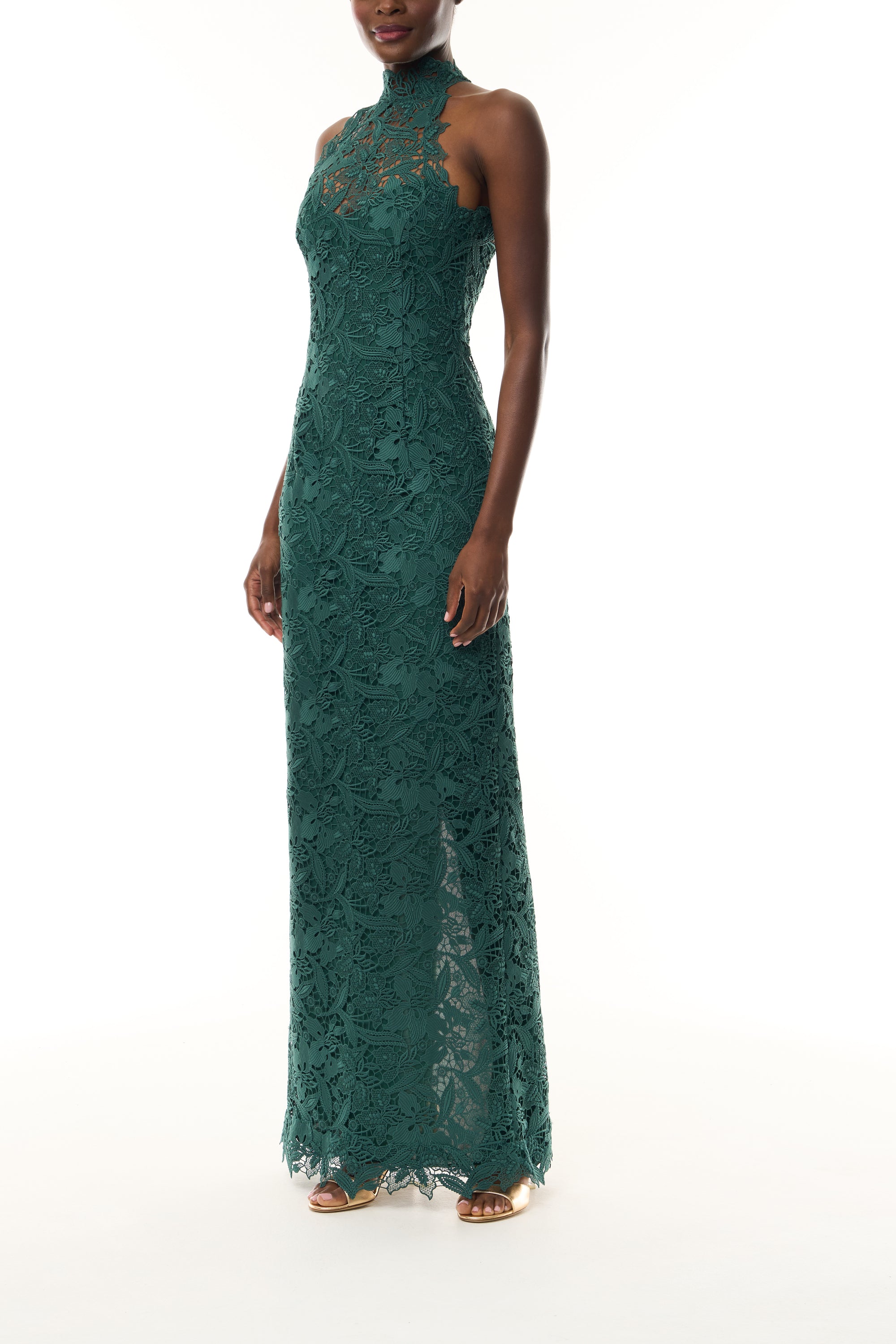 Monique Lhuillier Fall 2026 Sycamore guipure lace floor length halter gown - side.