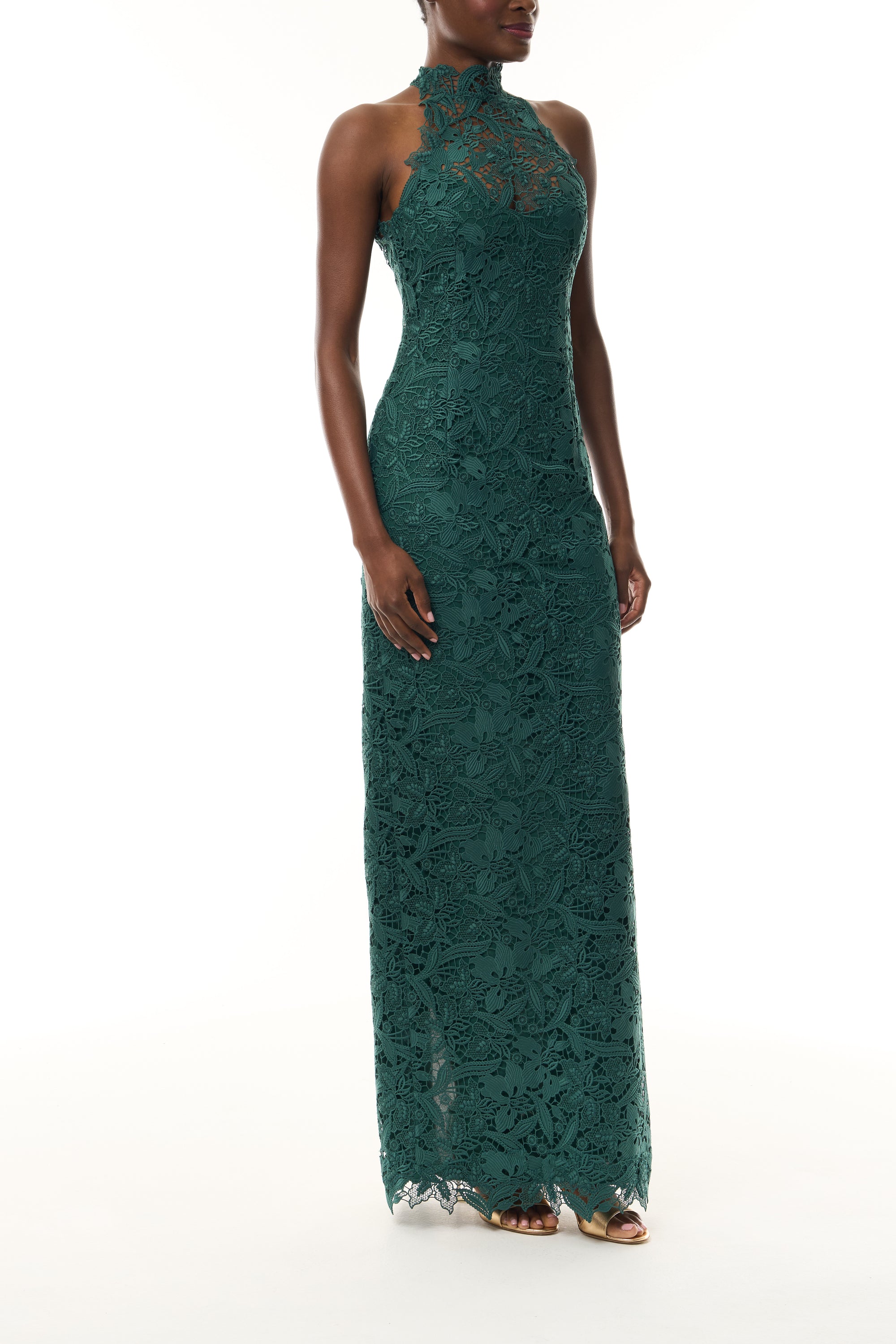 Monique Lhuillier Fall 2026 Sycamore guipure lace floor length halter gown - side.