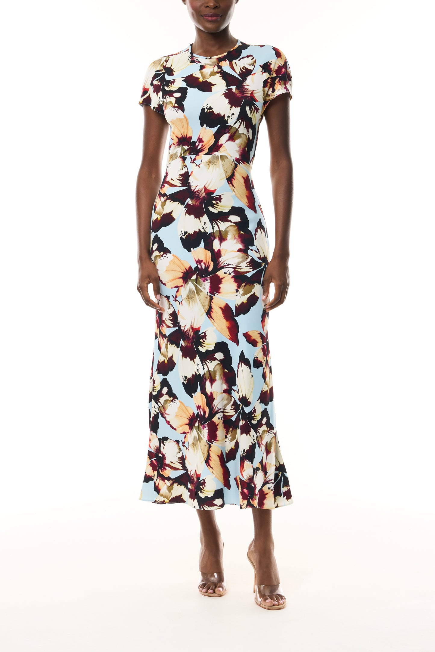 Monique Lhuillier Fall 2026 Breeze/Multi Amber Lily Stretch Crepe Short Sleeve Amber Lily Day Dress - front .