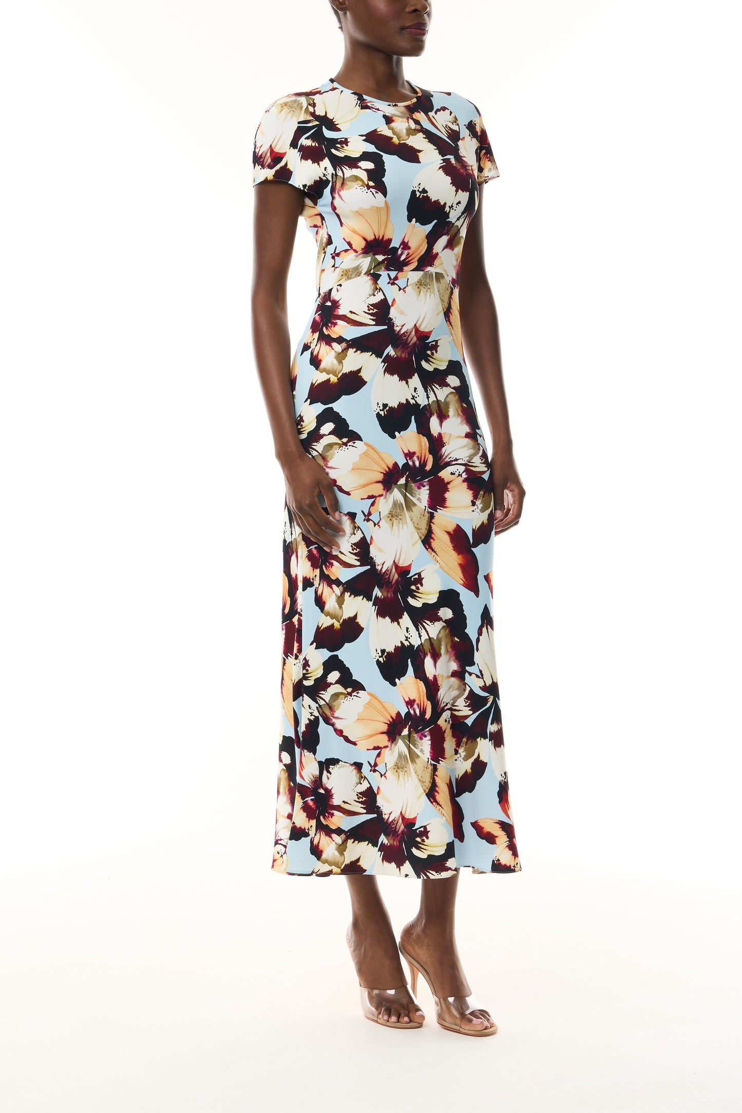 Monique Lhuillier Fall 2026 Breeze/Multi Amber Lily Stretch Crepe Short Sleeve Amber Lily Day Dress - side.
