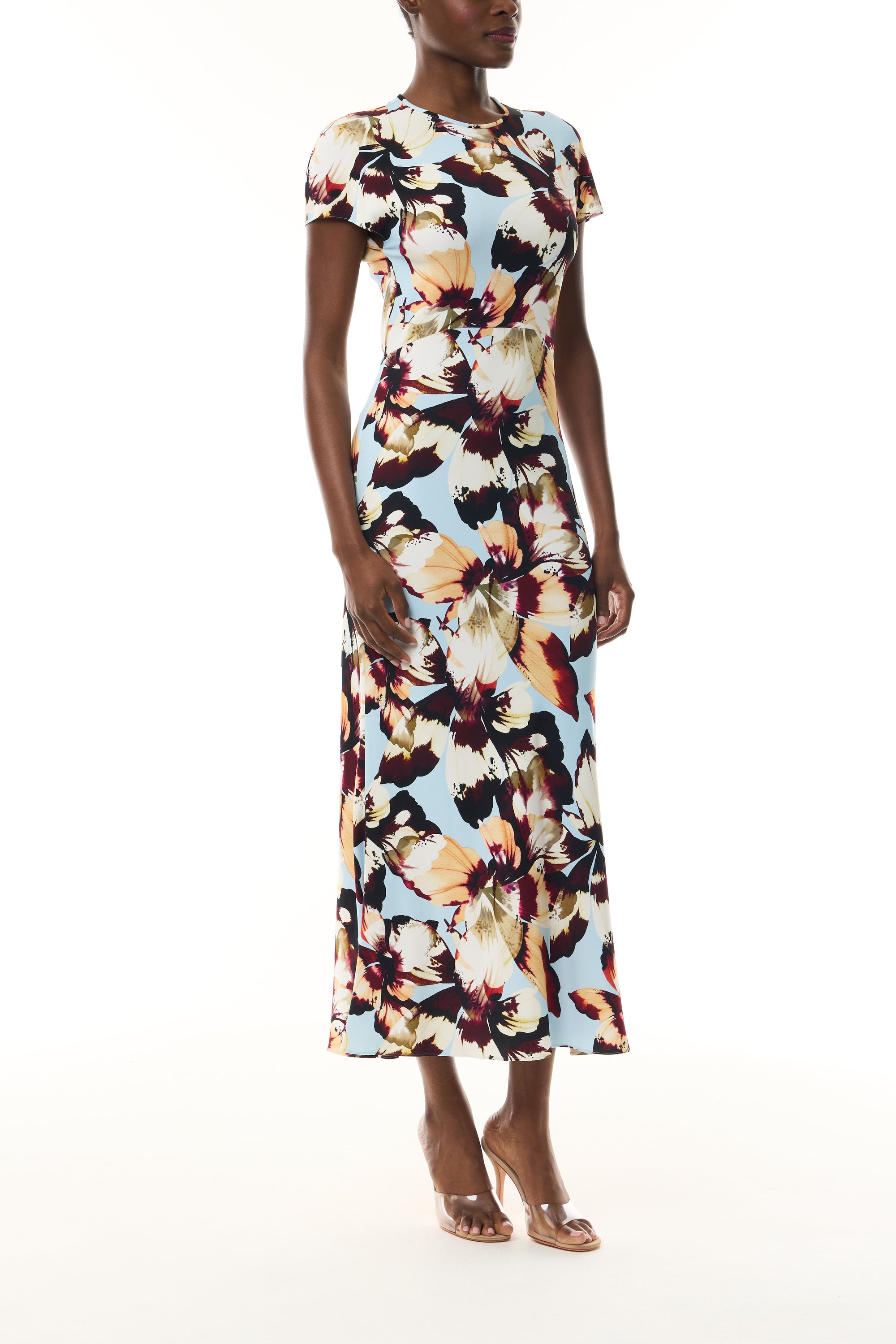 Monique Lhuillier Fall 2026 Breeze/Multi Amber Lily Stretch Crepe Short Sleeve Amber Lily Day Dress - side.
