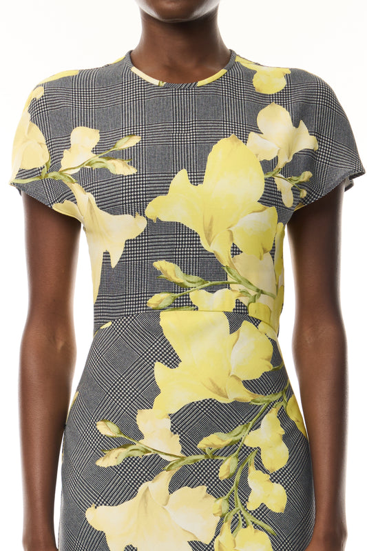 Monique Lhuillier Fall 2026 Short Sleeve Bias Dress cut in Glen Plaid Snapdragon Printed Crepe Suiting- fabric.