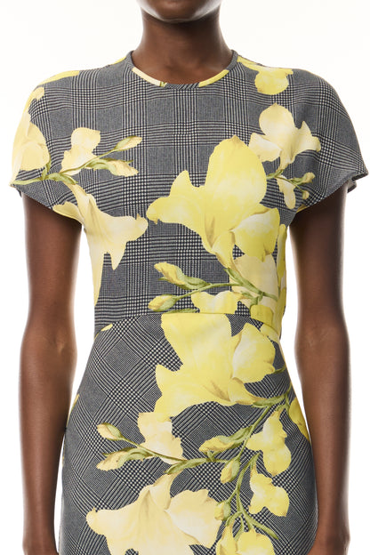 Monique Lhuillier Fall 2026 Short Sleeve Bias Dress cut in Glen Plaid Snapdragon Printed Crepe Suiting- fabric. 
