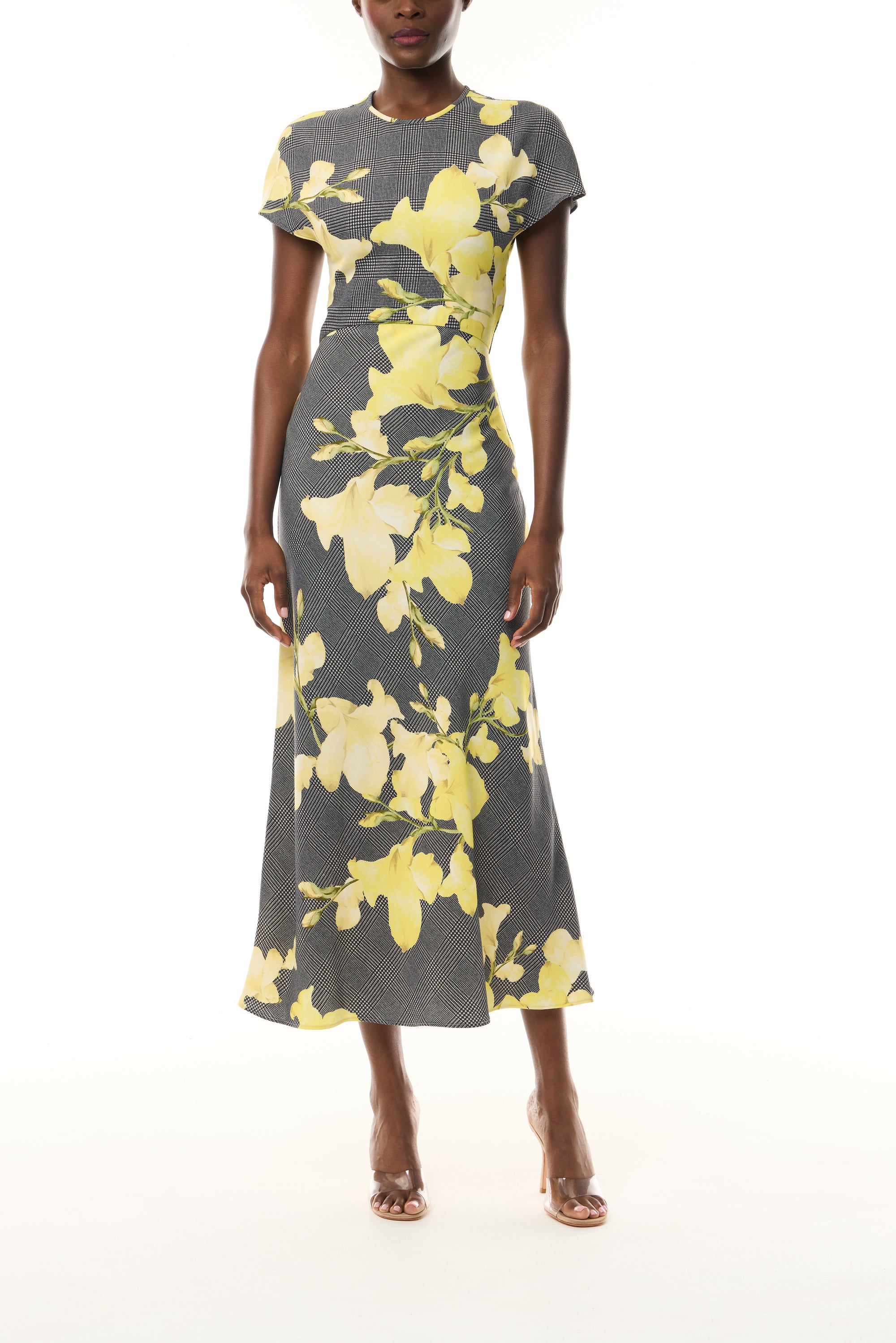 Monique Lhuillier Fall 2026 Short Sleeve Bias Dress cut in Glen Plaid Snapdragon Printed Crepe Suiting- front.