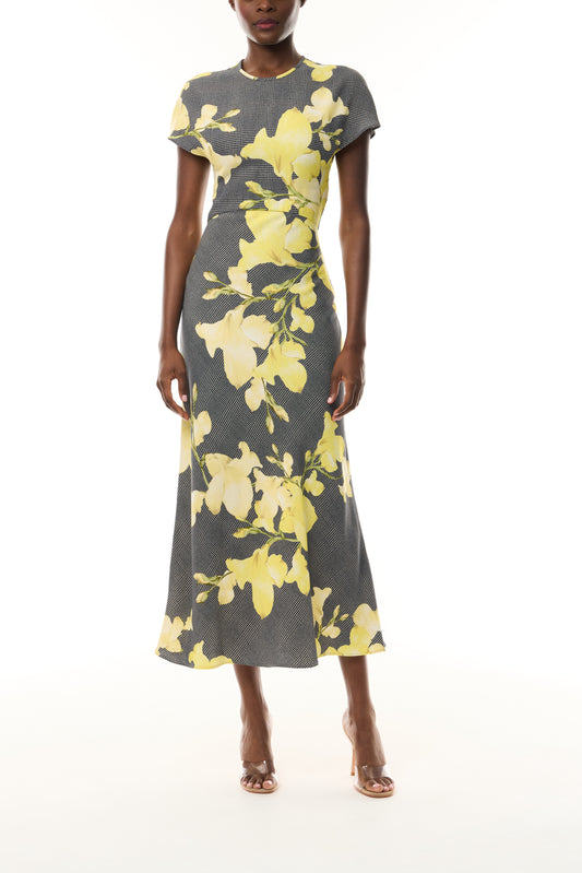 Monique Lhuillier Fall 2026 Short Sleeve Bias Dress cut in Glen Plaid Snapdragon Printed Crepe Suiting- front.