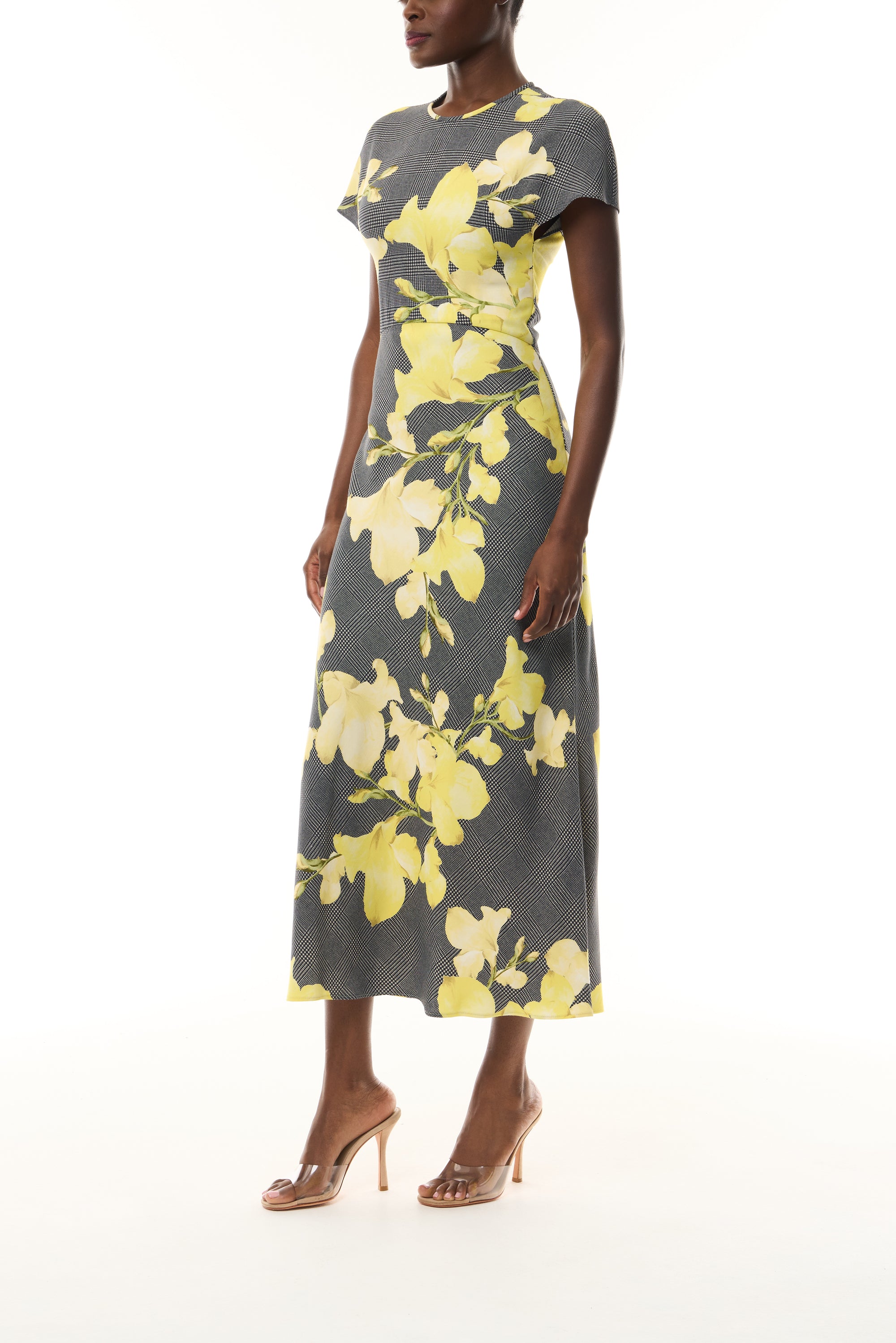 Monique Lhuillier Fall 2026 Short Sleeve Bias Dress cut in Glen Plaid Snapdragon Printed Crepe Suiting- side.