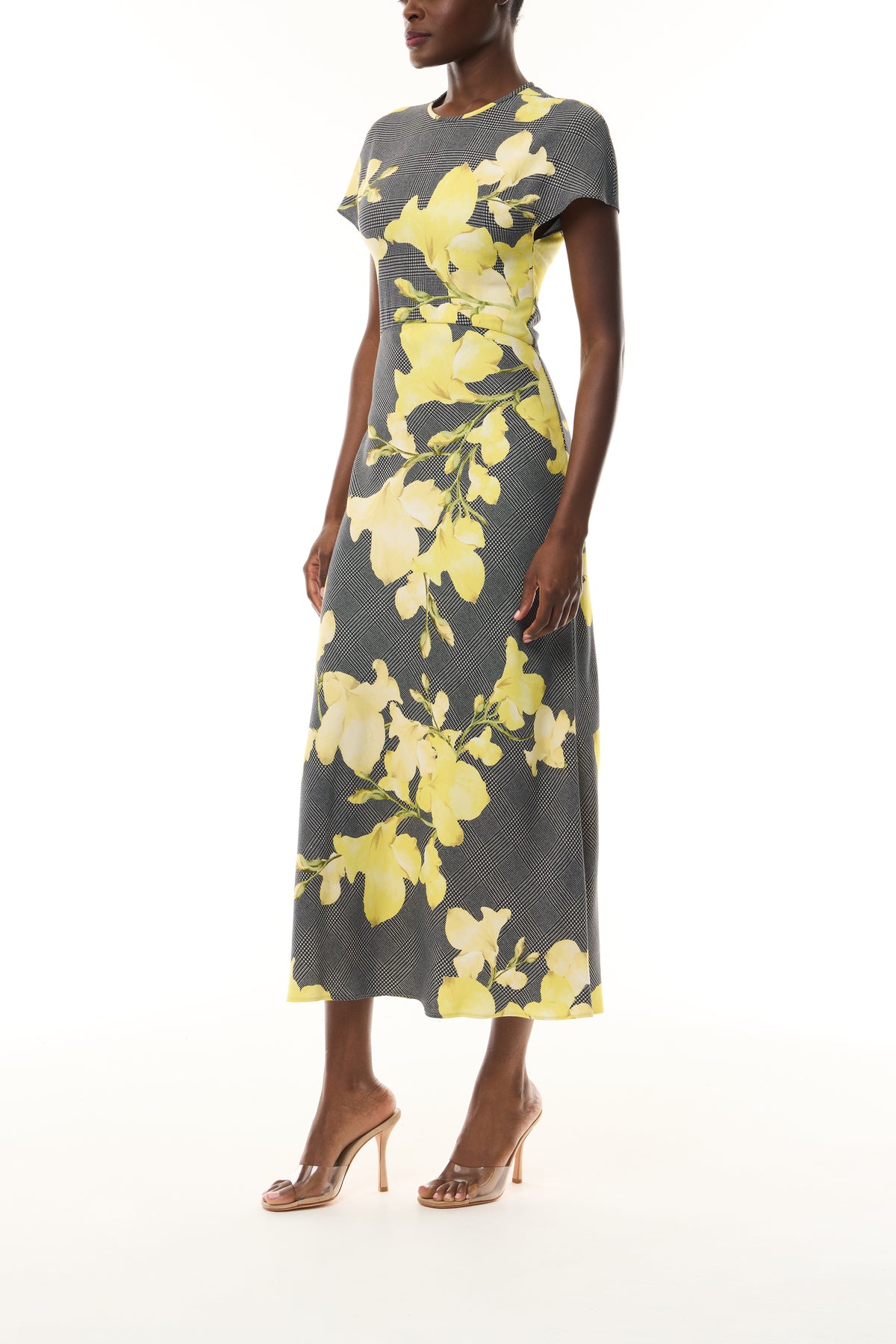 Monique Lhuillier Fall 2026 Short Sleeve Bias Dress cut in Glen Plaid Snapdragon Printed Crepe Suiting- side.