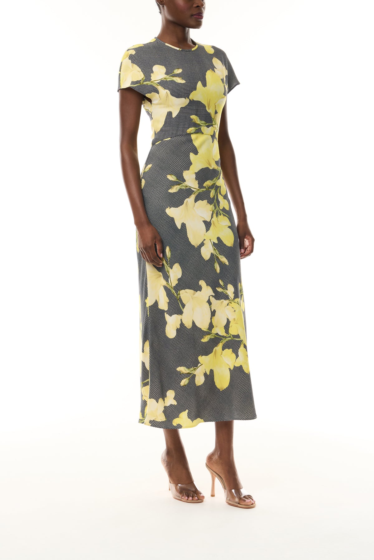 Monique Lhuillier Fall 2026 Short Sleeve Bias Dress cut in Glen Plaid Snapdragon Printed Crepe Suiting- side.