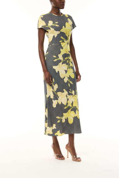 Monique Lhuillier Fall 2026 Short Sleeve Bias Dress cut in Glen Plaid Snapdragon Printed Crepe Suiting- side.