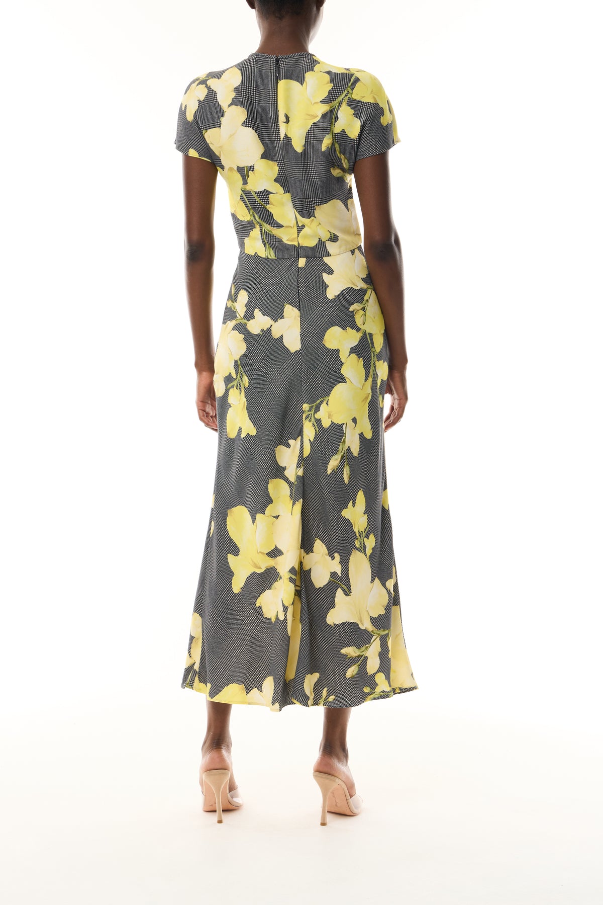 Monique Lhuillier Fall 2026 Short Sleeve Bias Dress cut in Glen Plaid Snapdragon Printed Crepe Suiting- back.