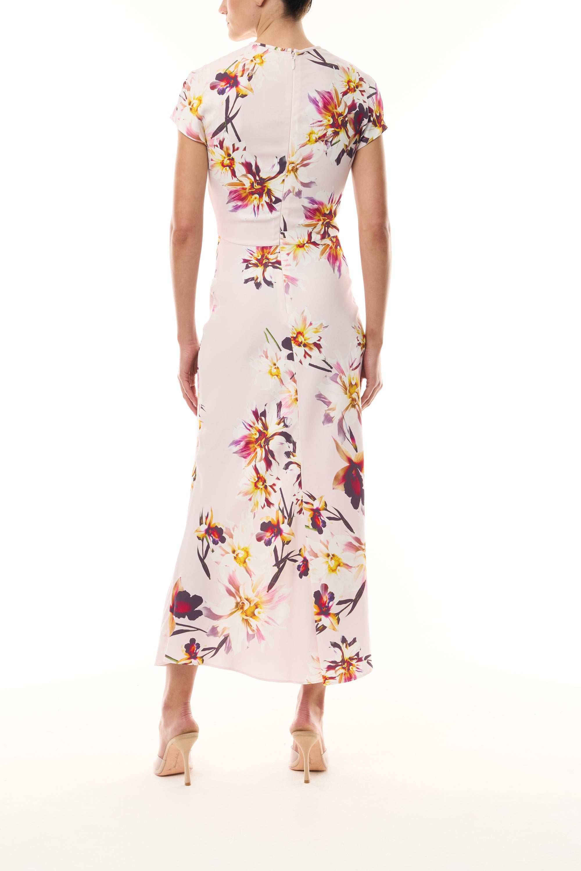 Monique Lhuillier Fall 2026 Lotus Printed Stretch Crepe Short Sleeve Day Dress - back.