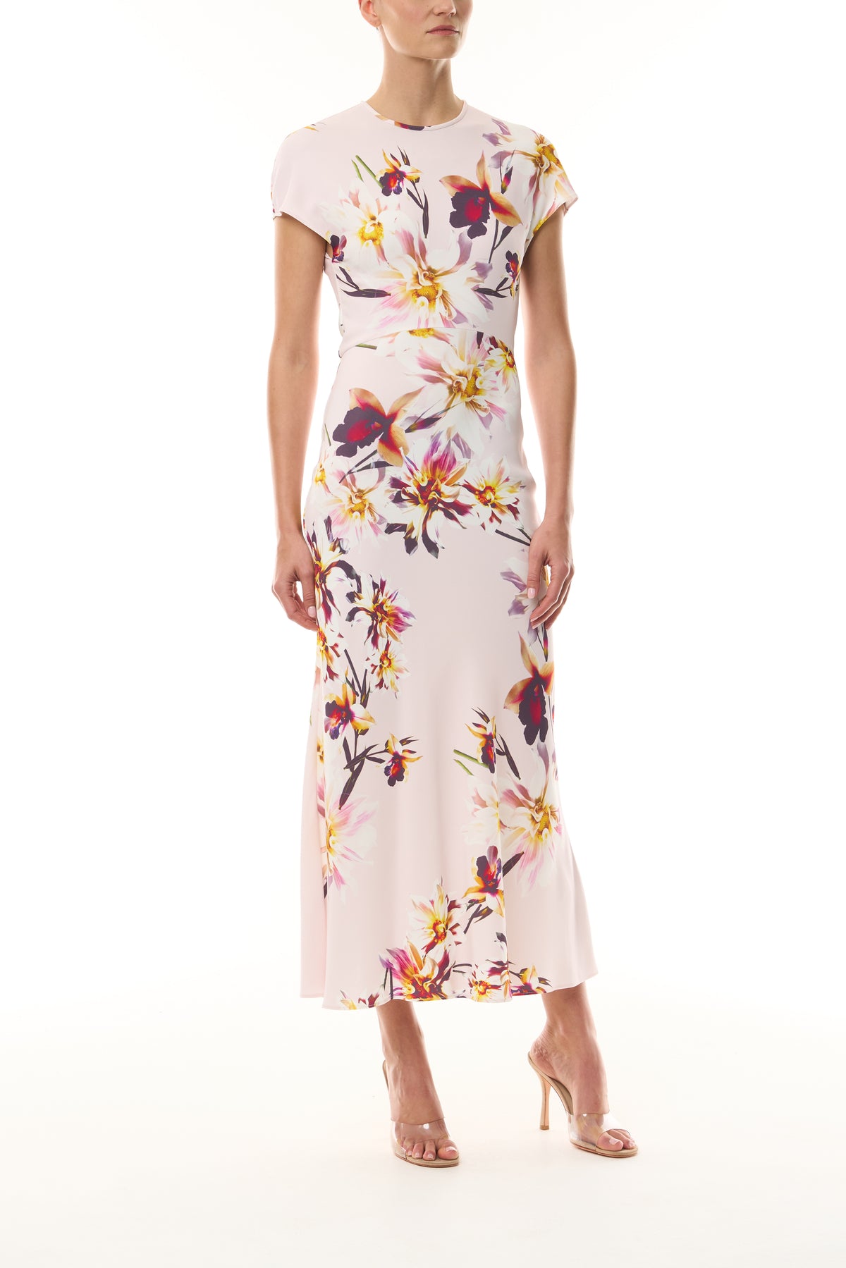 Monique Lhuillier Fall 2026 Lotus Printed Stretch Crepe Short Sleeve Day Dress - front.