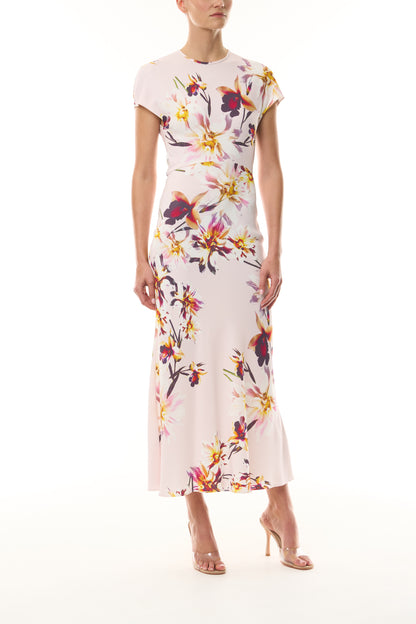 Monique Lhuillier Fall 2026 Lotus Printed Stretch Crepe Short Sleeve Day Dress - front.