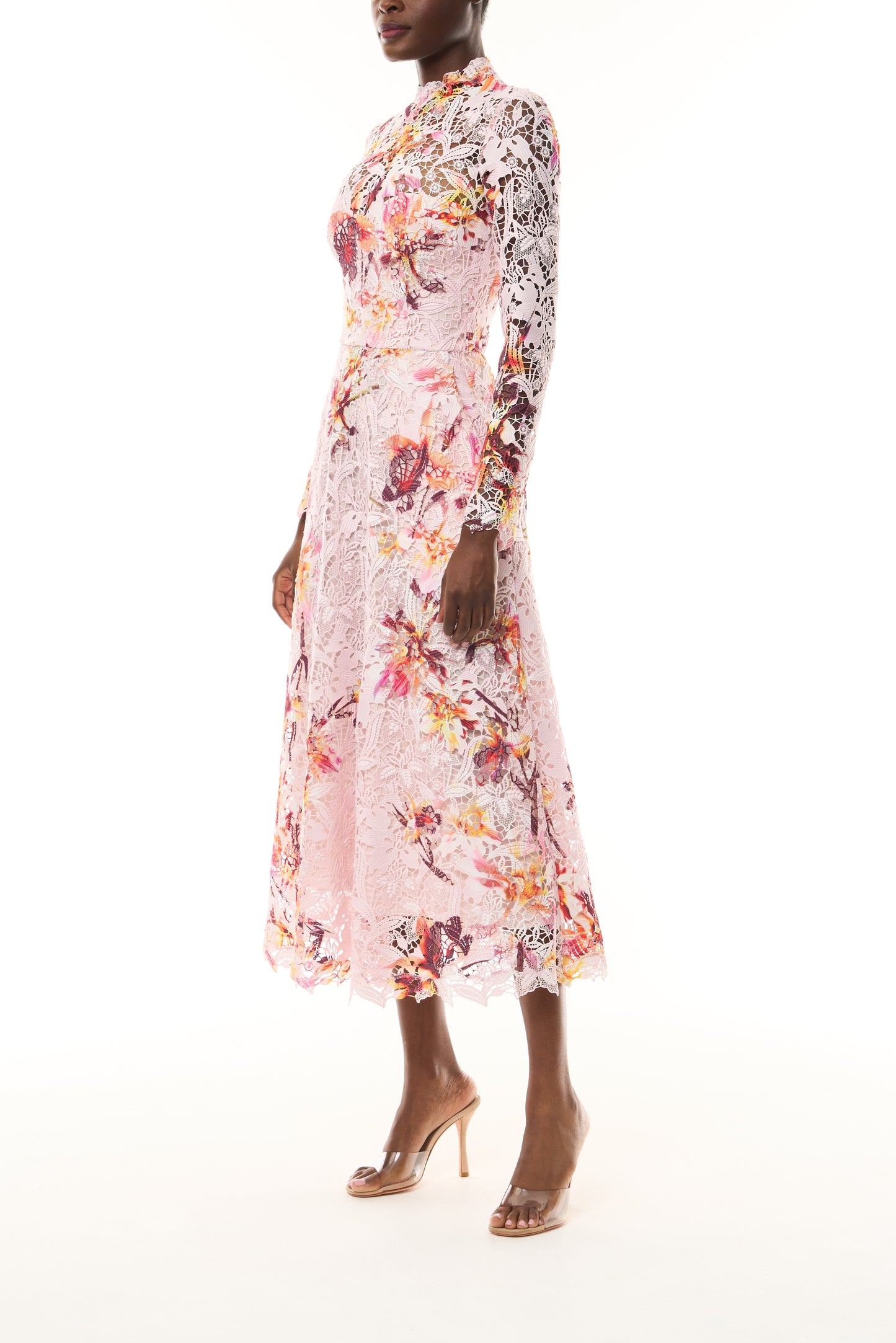 Monique Lhuillier Fall 2026 Lotus Printed Guipure Lace Long Sleeve Dress- side.