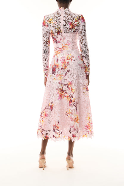 Monique Lhuillier Fall 2026 Lotus Printed Guipure Lace Long Sleeve Dress- back.